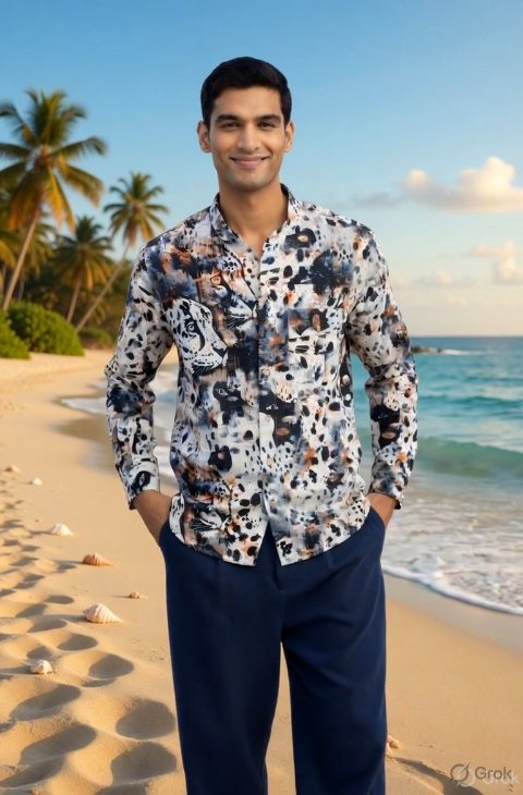 Indigo Leopard Stand Collar Shirt
